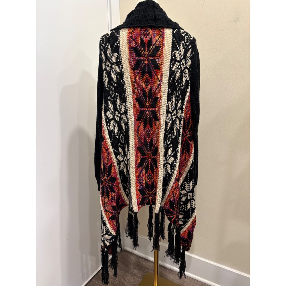 Desigual Black Multicolor Jacquard Knit Tassel Fringe Euro Shawl Cardigan Medium